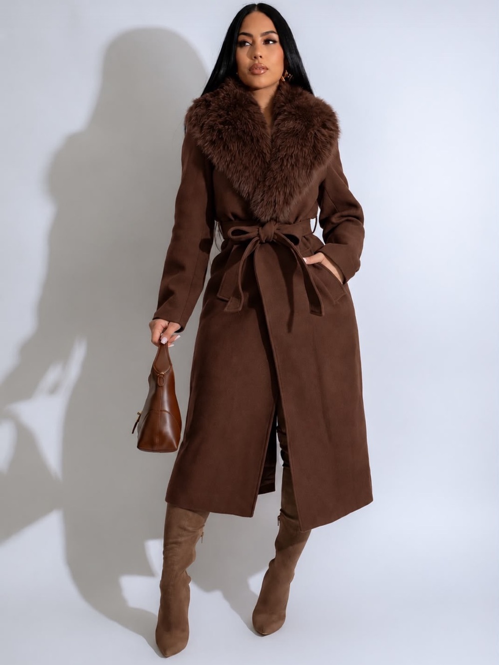 Classic Faux-Fur Collar Long Coat with Tie Belt